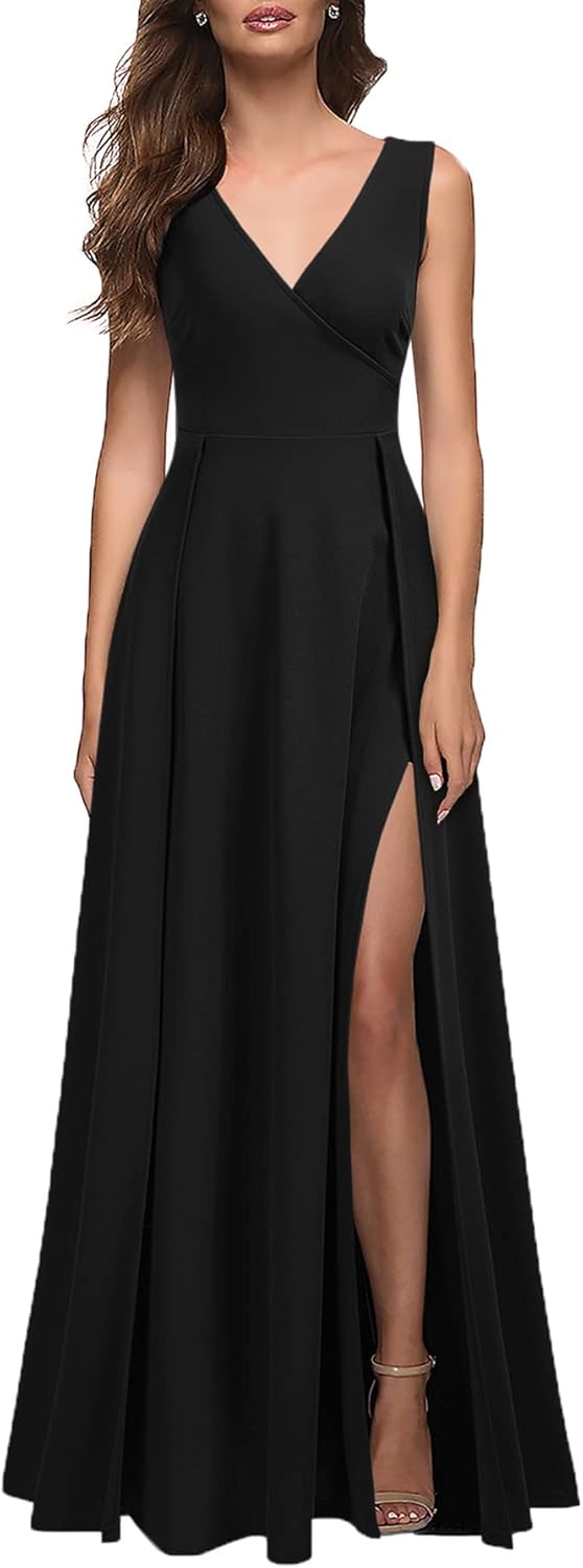 51jHZEGYXHL._AC_SL1500_.jpg Women's V Neck Sleeveless Split Formal Dress Cocktail Party Prom Long Dresses - Image 1