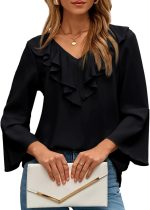 Womens Dressy Casual Blouses 3/4 Sleeve Fall Tops  Ruffle V Neck Business Shirts