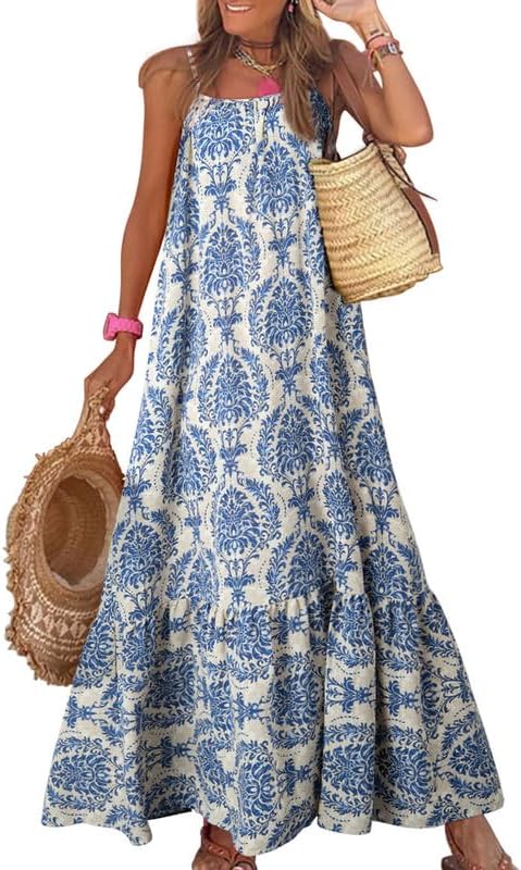 61u7RwI8ZkL._AC__.jpg Women Summer Dresses Spaghetti Strap Scoop Neck Smocked Ruffle Flowy Boho Maxi Dress - Image 1