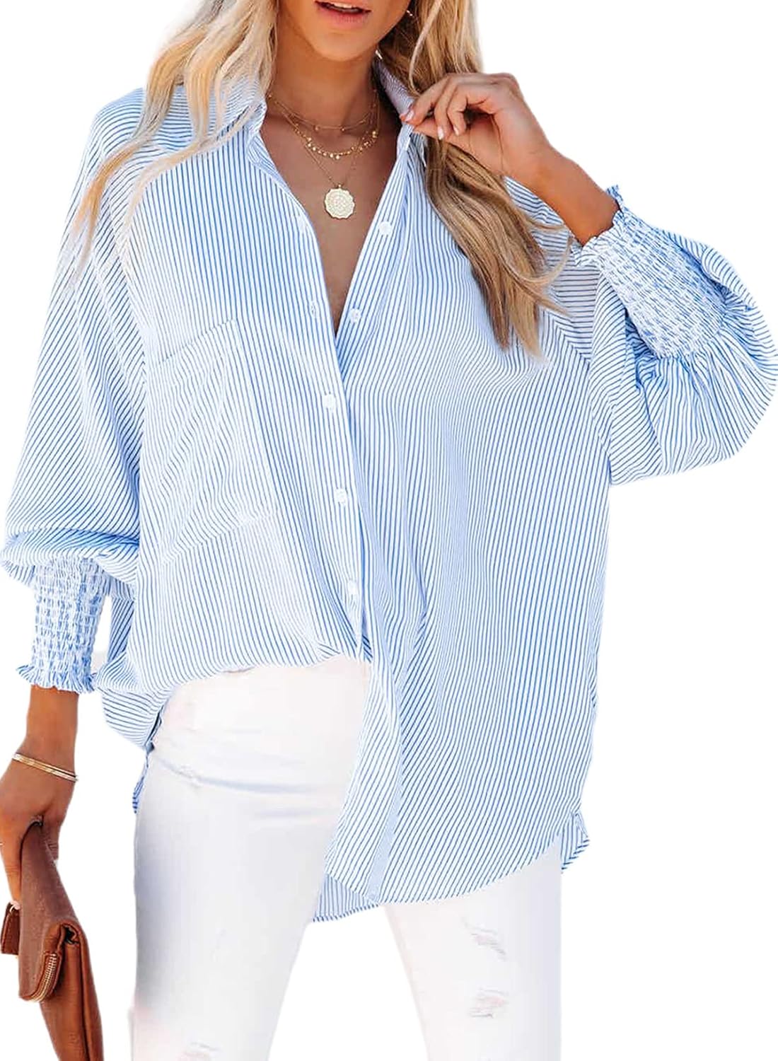 716YzFwexqL._AC_SL1500_.jpg Womens Smocked Cuffed Striped Boyfriend Shirt Casual Collar Long Sleeve Oversized Button Down Blouse Tops with Pocket Shirred - Image 1