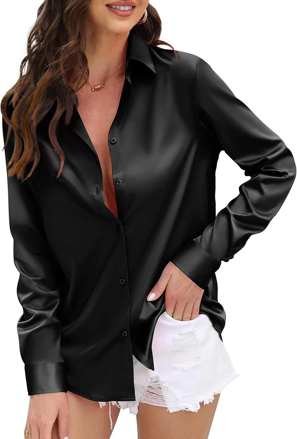 7194AkqZL._AC_SL1500_.jpg Womens Soft Satin Silk Leopard Button Down Shirts for Women Silky Long Sleeve Work Shirt Dress Blouses Tops - Image 1