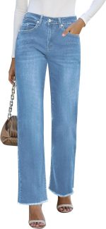Straight Leg Jeans for Women High Waisted Stretchy Frayed Raw Hem Loose Denim Pants Casual Baggy Jean Trousers