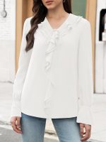 Women's Long Sleeve Tops Dressy Casual V Neck Ruffle Tunic Chiffon Blouse Fall Trendy Work Shirts - Image 2