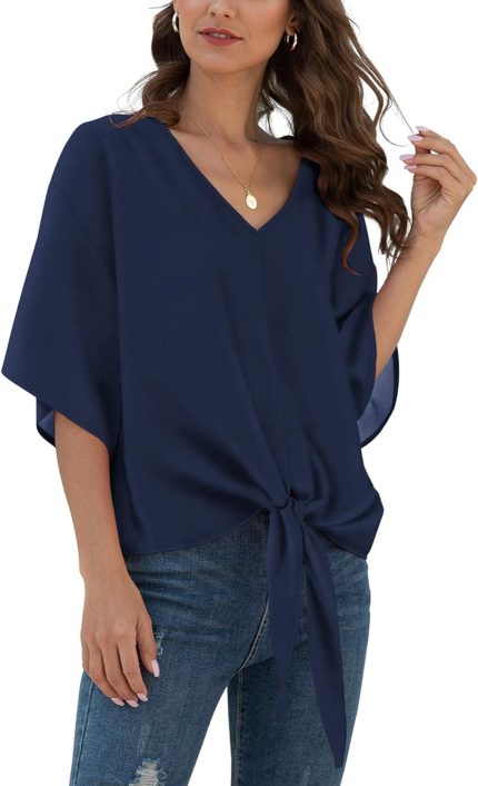 Womens Tie Front Chiffon Blouses V Neck Batwing Short Sleeve Summer Floral Tops Shirts