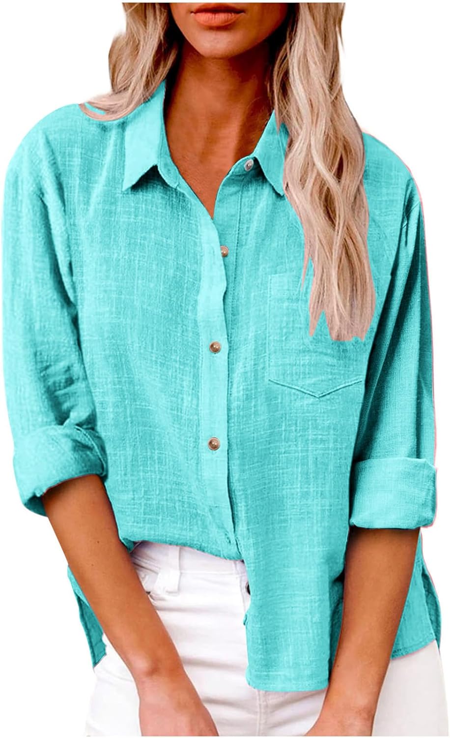 71qAUBGhh5L._AC_SL1500_.jpg Button Down Shirts for Women Gauze Cotton Long Sleeve Shirt Collared Plus Size Blouses Summer Linen Tops Clothing - Image 1