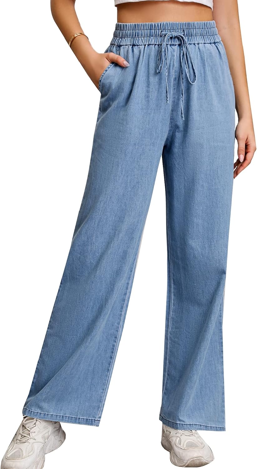 71qKlSz8fbL._AC_SL1500_.jpg Fashion Jeans for Women Wide Leg High Waisted Elastic Waist Pull On Comfort Denim - Image 1