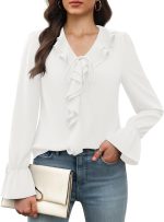 Women's Long Sleeve Tops Dressy Casual V Neck Ruffle Tunic Chiffon Blouse Fall Trendy Work Shirts
