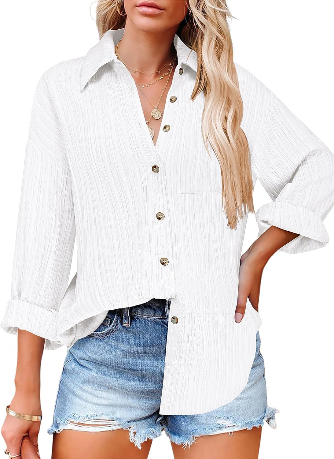 81hyuTwxpOL._AC_SL1500_.jpg Womens Button Down Shirts Casual Long Sleeve Blouses V Neck Dress Shirt Textured Collared Work Tops with Pocket - Image 1
